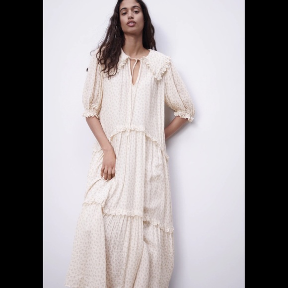ZARA Floral Printed Muslin Midi Dress Ecru Beige - Picture 4 of 16